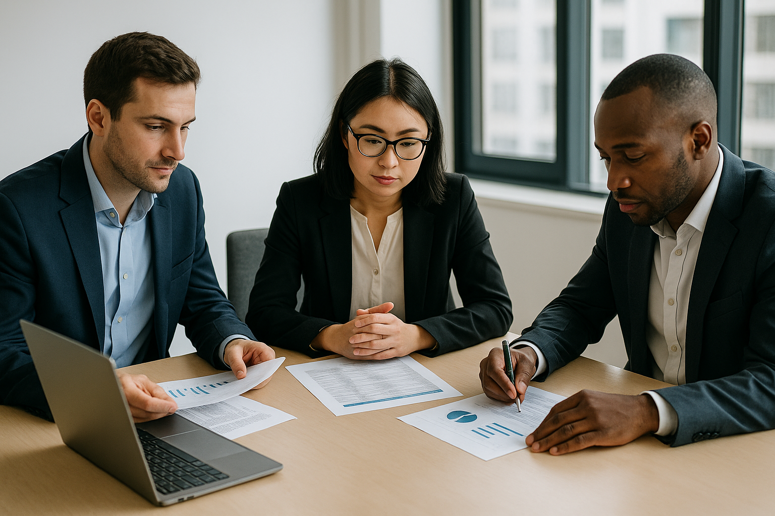 Business team reviewing compliance reports in a modern office