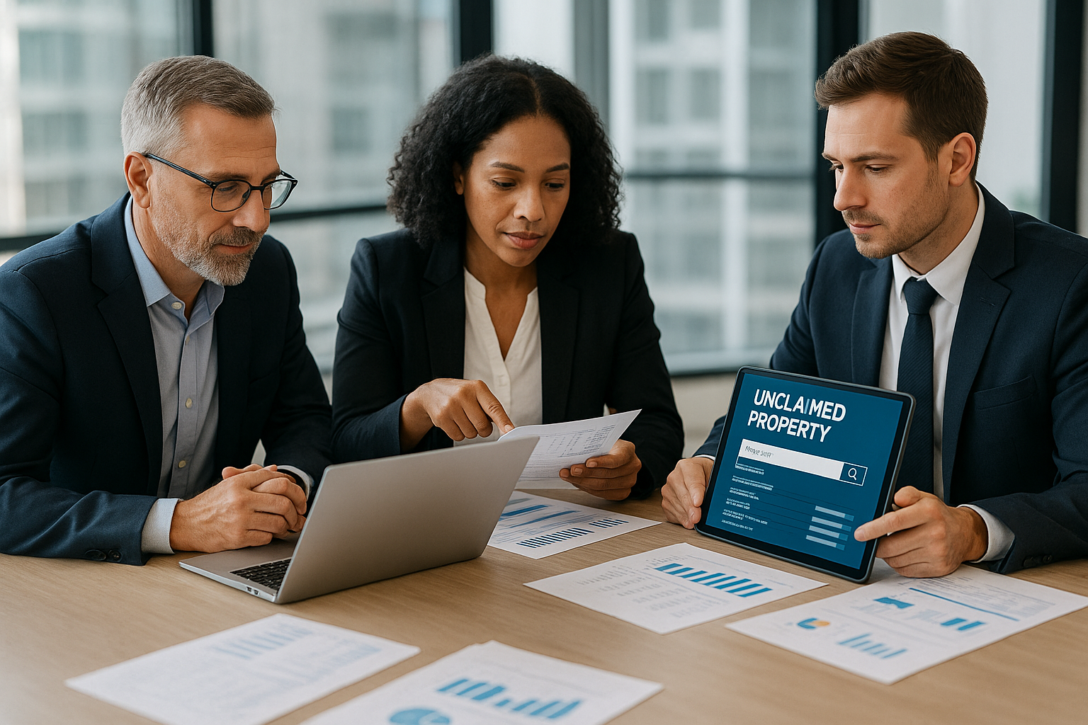 Business team reviewing reports and verifying unclaimed funds online in a modern office