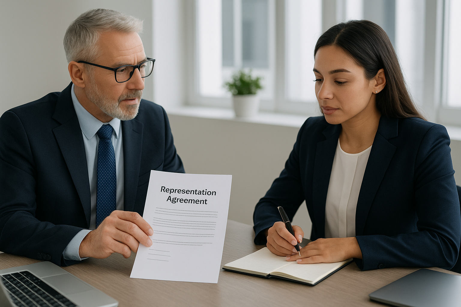 Business client consulting with a registered Claimant Designated Representative in a modern office