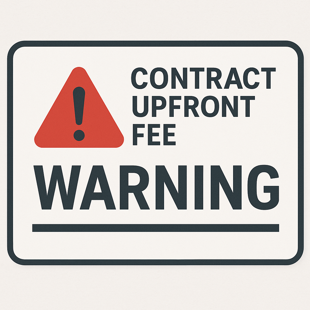Contract with 'Upfront Fee' warning highlighted to signal caution