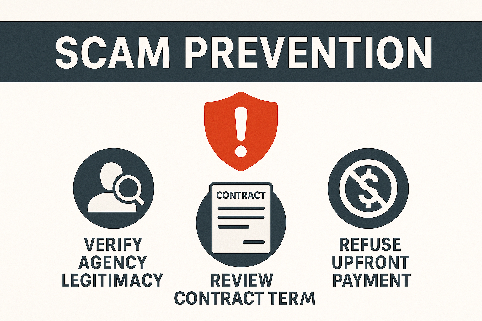 Infographic with four steps: verify source, avoid upfront fees, check registration, keep records