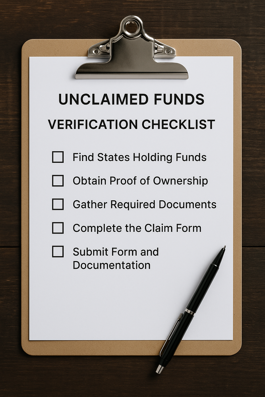Verification checklist for unclaimed funds on a clipboard with pen